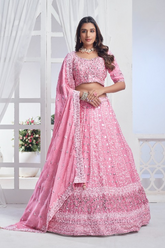 Lehenga Choli brodé en mousseline de soie rose bébé à paillettes